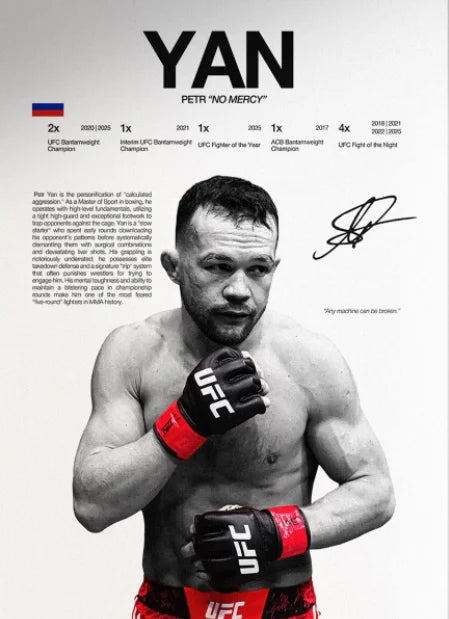 A muscular male UFC fighter with a beard wearing black gloves and red shorts, depicted in a dramatic black and white style.