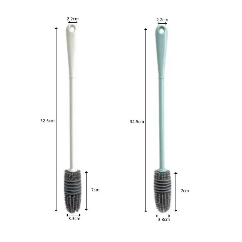 A silicone bottle brush with a long handle and bristles shown in light blue color.