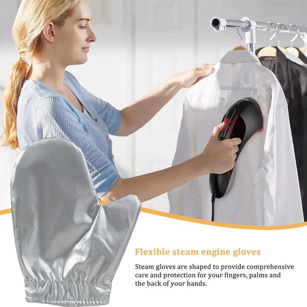 A woman is using flexible steam engine gloves to steam a white garment on a hanger.