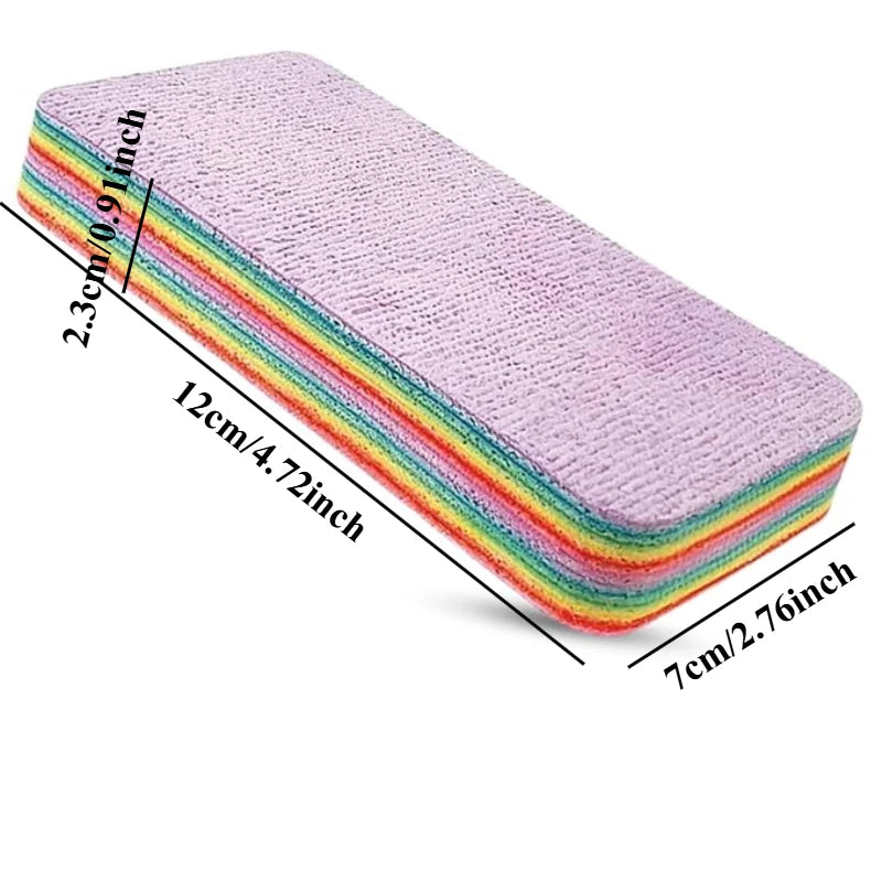 A rectangular reusable PVA rainbow sponge cleaning cloth showing various colored layers and dimensions.