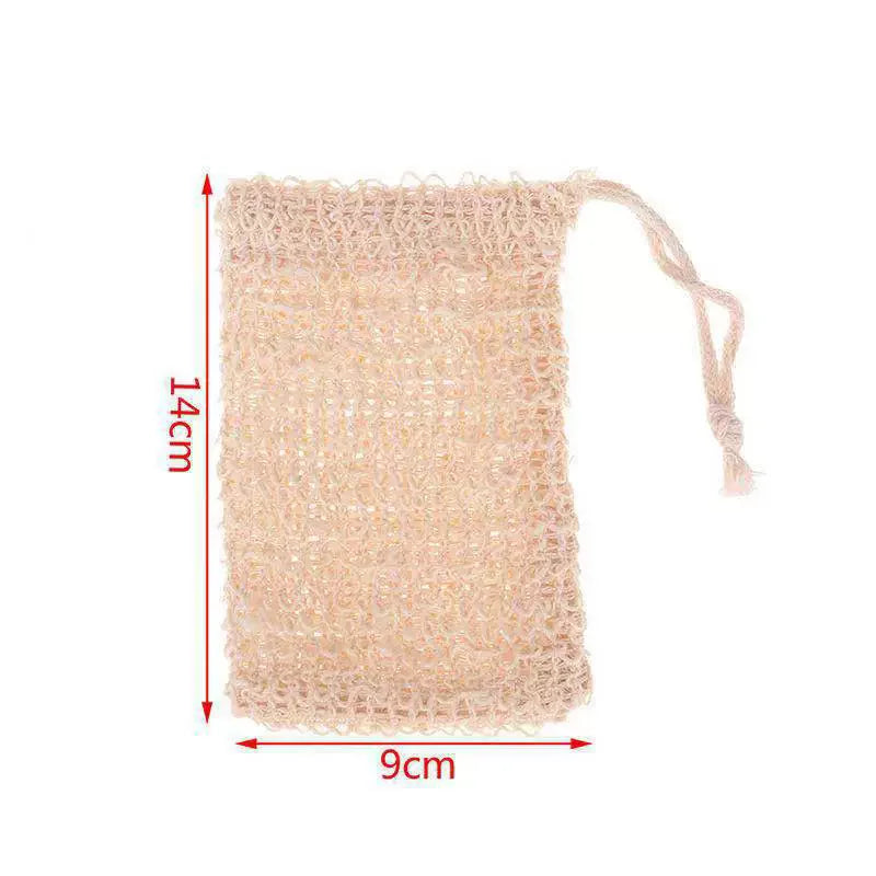 Helles beige handgemachtes Sisal-Seife-Aufbewahrungstasche mit Schnurverschluss.