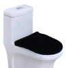 A white toilet with a black protective seat cover installed.
