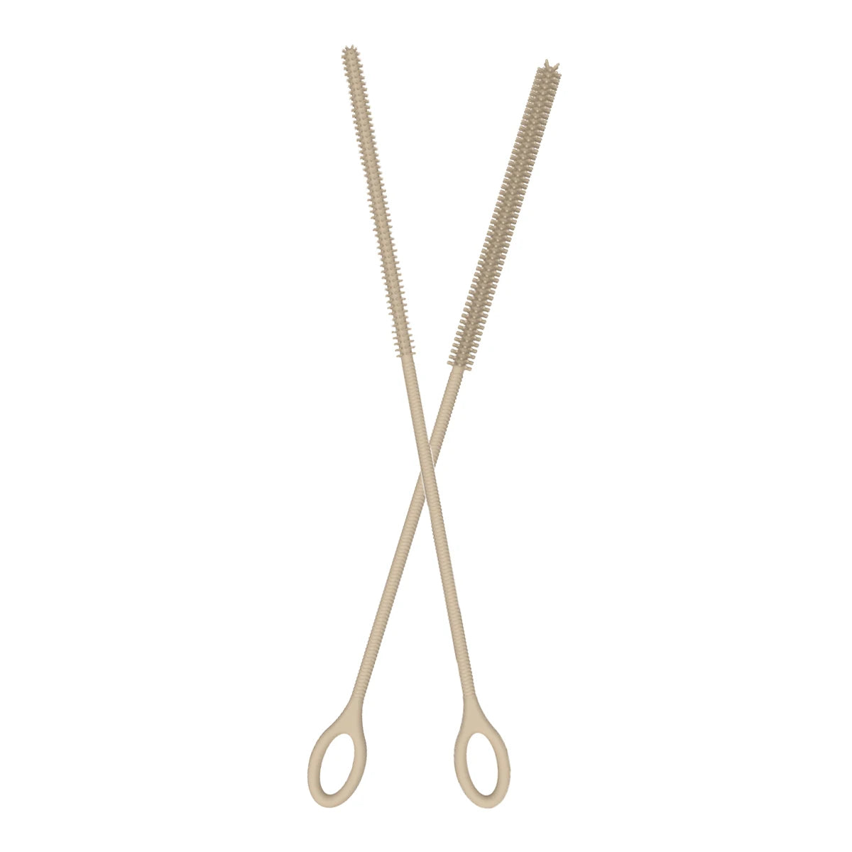 A pair of dual silicone straw cleaning brushes with long, thin bristles.