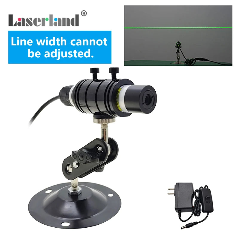 Ensamblaje de módulo láser negro con haz verde visible, montado en una base circular.