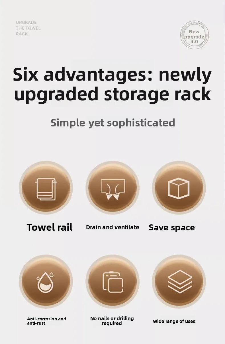 Storage rack features towel rail, drain and ventilate, save space, anti-corrosion, no nails required, and wide range of uses.