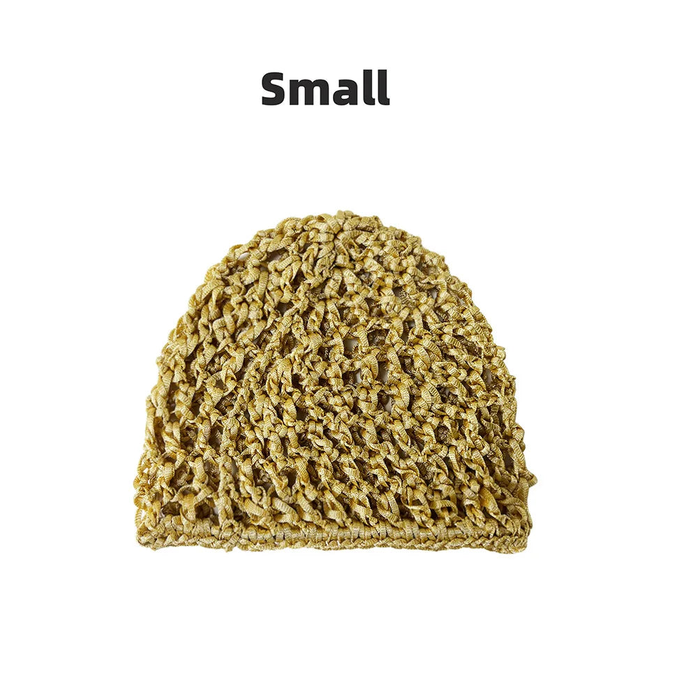 A small, hand-crocheted mesh hair net cap in a natural beige or tan color.