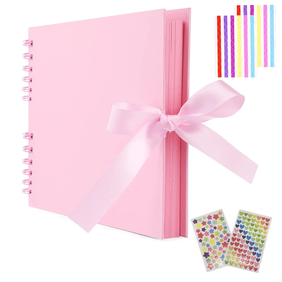 Álbum de scrapbooking rosa personalizable con una cinta rosa y tiras de papel a rayas coloridas
