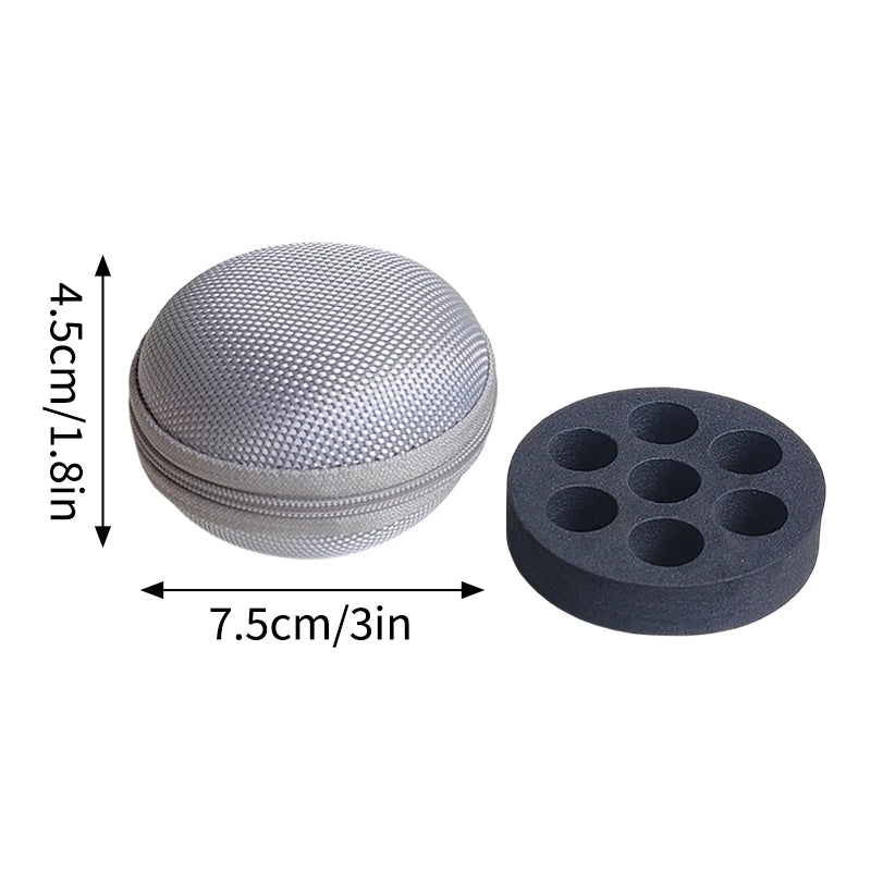 A round, gray peptide storage case with a perforated top and a separate circular insert for storage.
