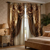 A pair of luxurious brown and gold Baroque print curtains framing a window next to an upholstered bed.