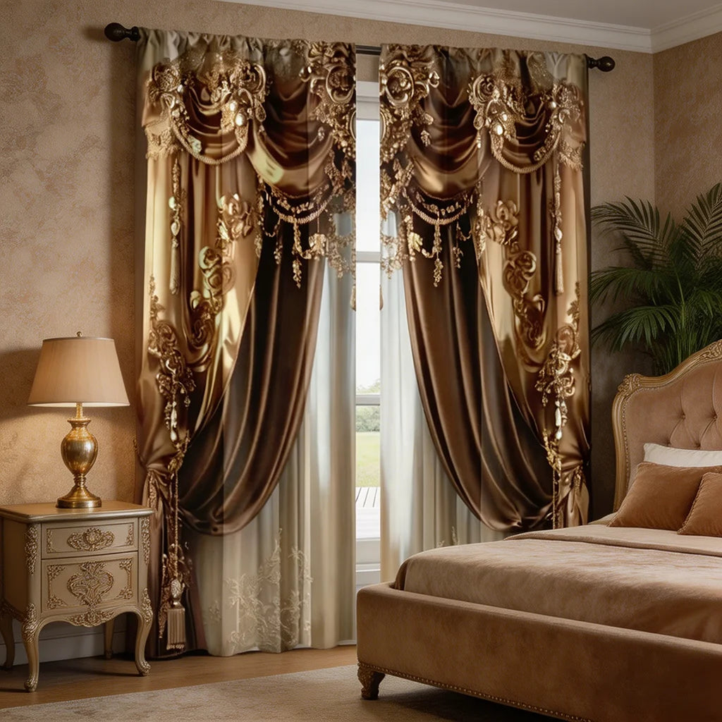 A pair of luxurious brown and gold Baroque print curtains framing a window next to an upholstered bed.