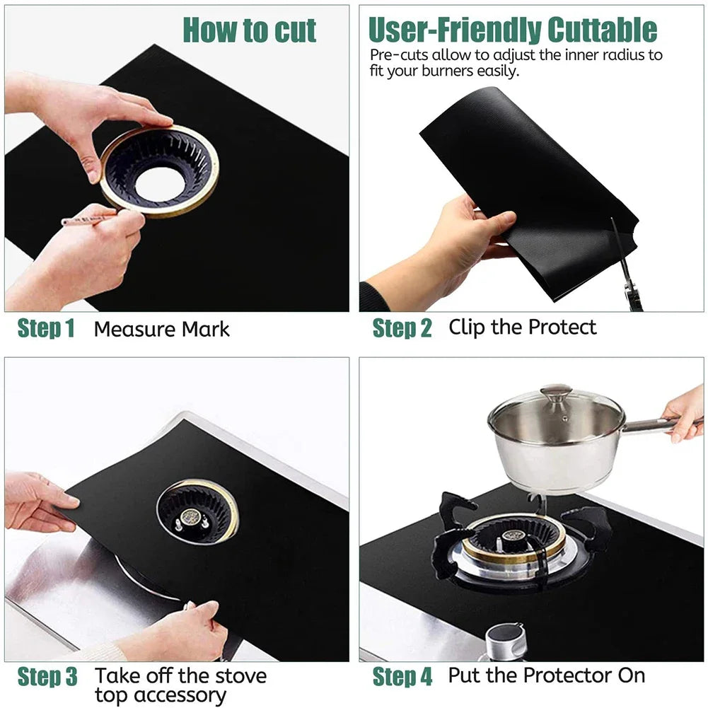 Instructions showing how to cut and use reusable anti-scratch protection pads for gas stoves