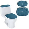 A white toilet seat with a blue velvet protector and tank cover shown next to the individual protectors.