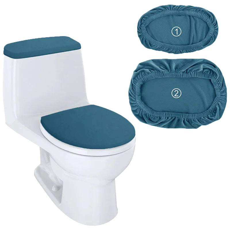 A white toilet seat with a blue velvet protector and tank cover shown next to the individual protectors.