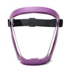Purple full face anti-splash protective goggles with a black strap and clear lens.