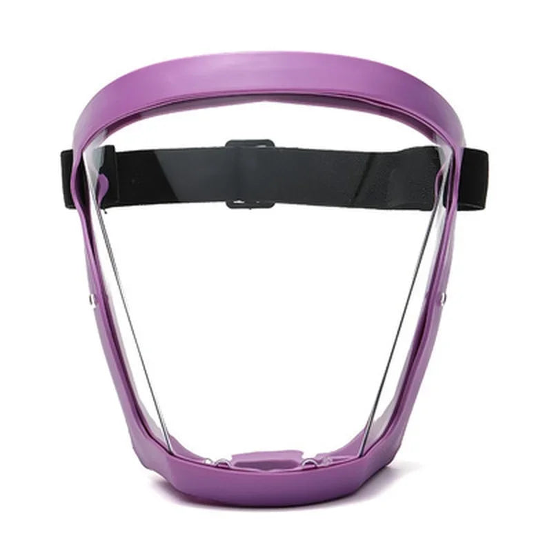 Purple full face anti-splash protective goggles with a black strap and clear lens.