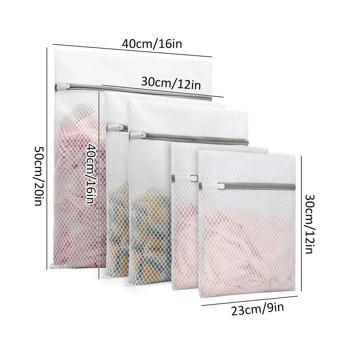 A set of five reusable mesh laundry bags in various sizes and colors displayed side by side.