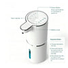 A white touchless electric soap dispenser showing its power button, gear indicator, and battery level display.