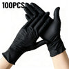 A pair of black disposable nitrile cleaning gloves are shown being held together.