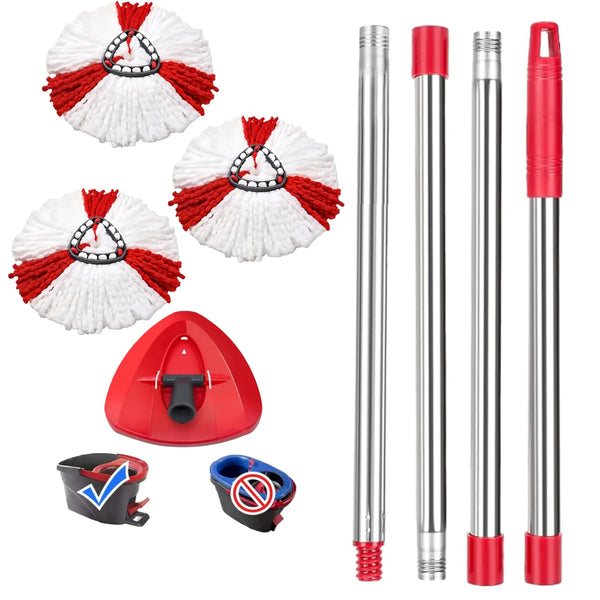 A set of red and white adjustable spin mop heads and poles for cleaning.