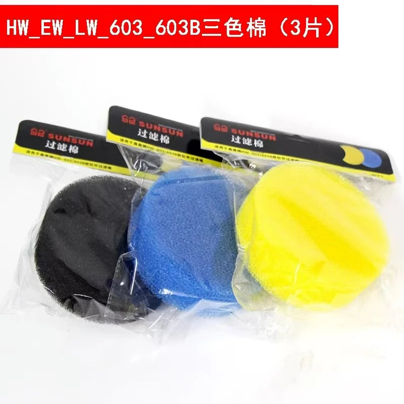 Three colored filter media sponges in black, blue, and yellow for aquarium canister filters