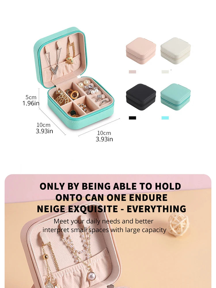 A set of portable PU leather jewelry storage boxes in mint green and beige colors.