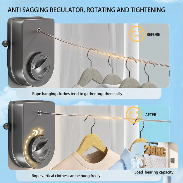 Anti sagging regulator for clothes drying line showing before and after results
