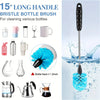 A set of three 15-inch long handle bottle brushes for cleaning various bottles, including glass, plastic, and metal container