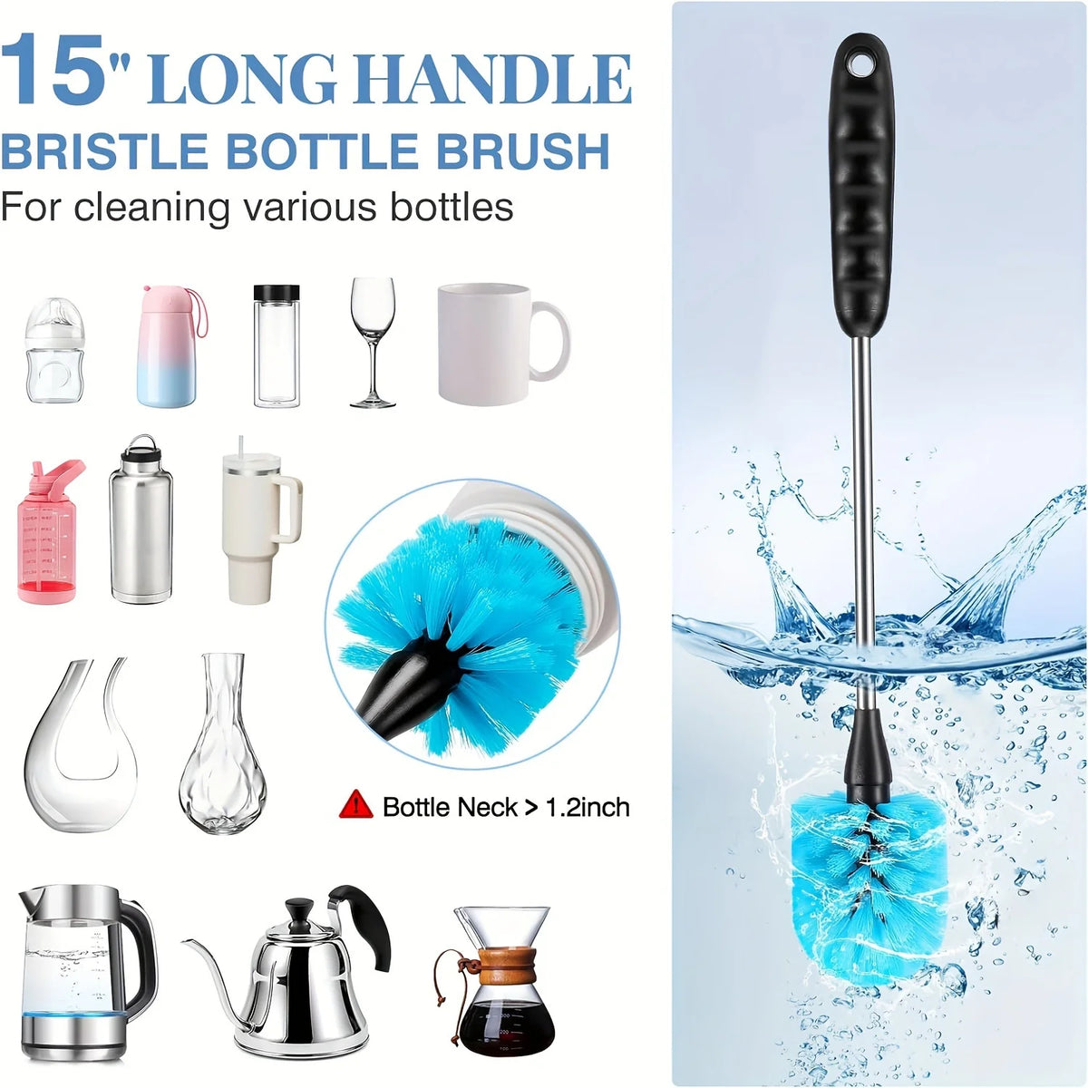 A set of three 15-inch long handle bottle brushes for cleaning various bottles, including glass, plastic, and metal container