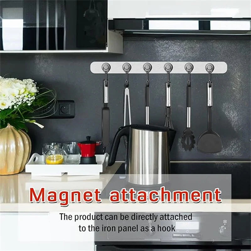 Magnetic attachment hooks for household storage attached to an iron panel.