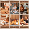 A grid showing various scenes related to self-care activities like spa, yoga, reading, bath, sleep, and date.