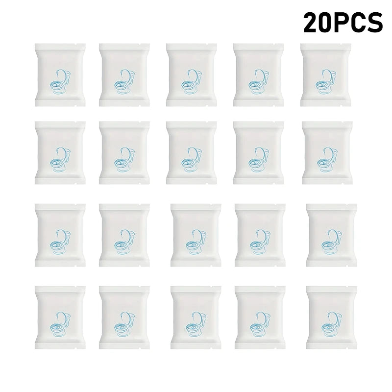 A pack of 20 disposable white toilet seats with a blue outline design.