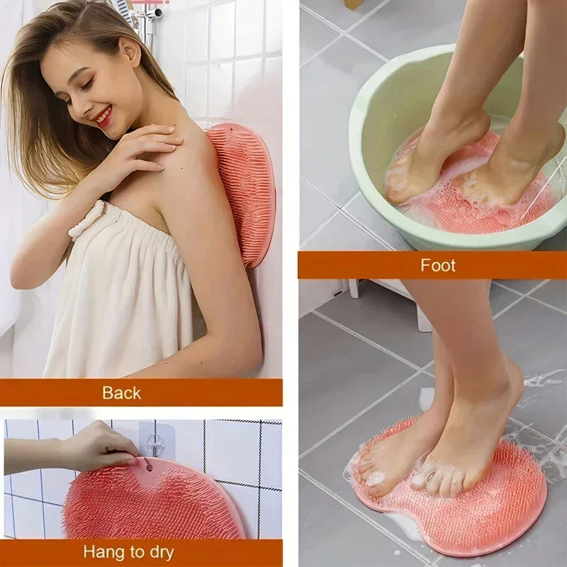Reusable silicone foot scrub brush shown being used on the back and feet