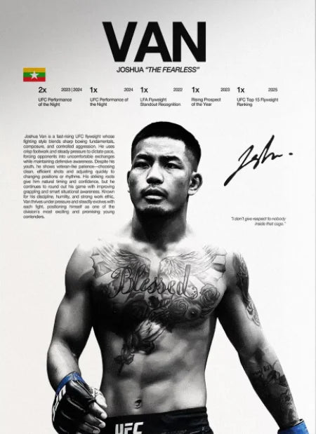 A black and white portrait of a male UFC fighter named Joshua "The Fearless" Van, shirtless with tattoos.