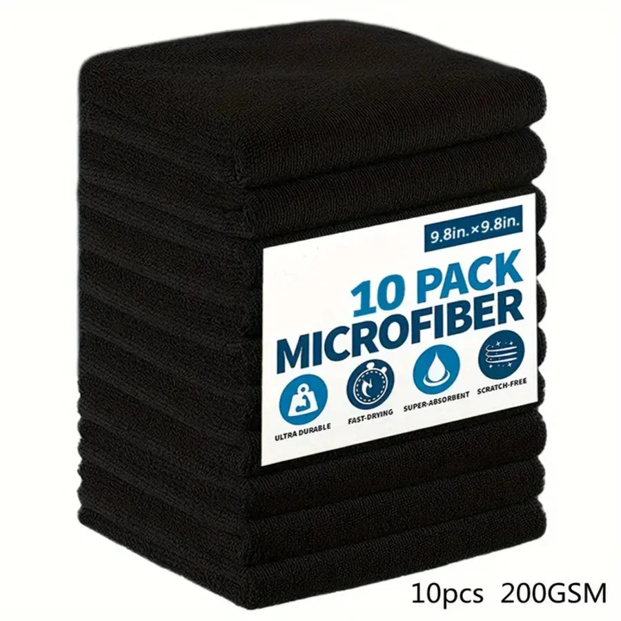 A stack of ten black microfiber cleaning cloths, each measuring 9.8 inches by 9.8 inches.