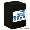 A stack of ten black microfiber cleaning cloths, each measuring 9.8 inches by 9.8 inches.