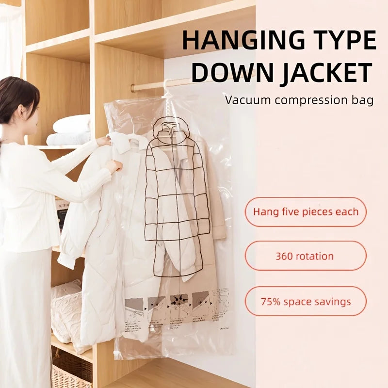 A hanging type down jacket is shown inside a vacuum compression bag on a wooden hanger.