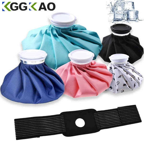 Set of reusable fabric ice packs in various colors including blue, pink, and black with a black strap.