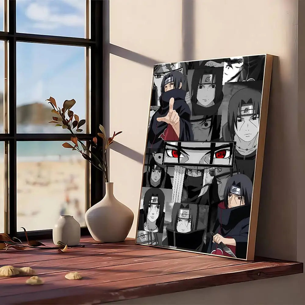 A vertical canvas art poster featuring a dark, stylized illustration of multiple characters in a dramatic monochrome palette.