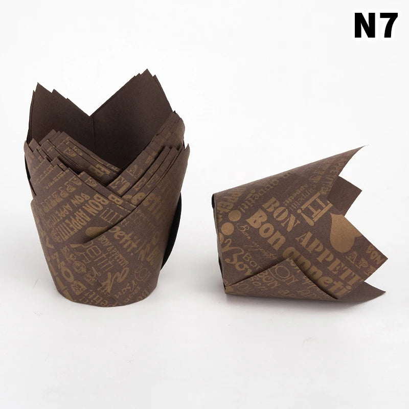 A stack of brown tulip cupcake liners for baking