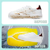 Before and after comparison of a white shoe being cleaned inside a yellow mesh wash bag.