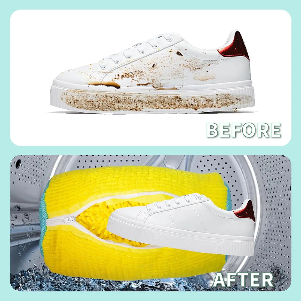 Before and after comparison of a white shoe being cleaned inside a yellow mesh wash bag.