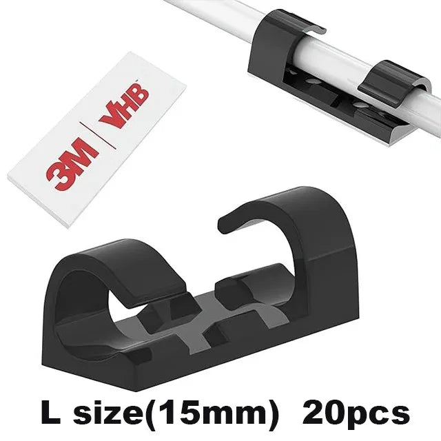 Black L size 15mm heavy duty self-adhesive cable clips for cord management with a 3M VHB label
