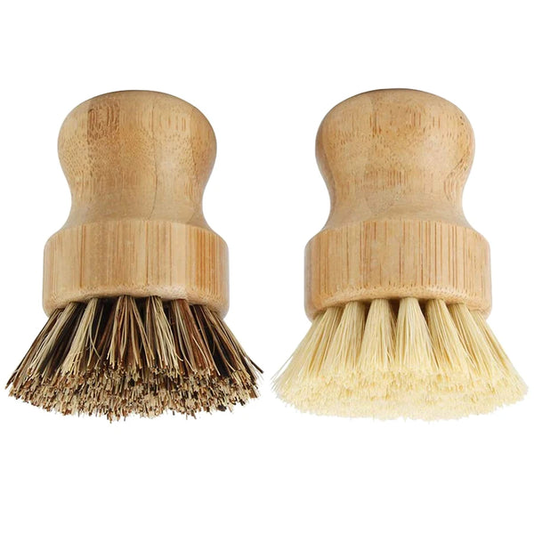 A set of two bamboo dish scrub brushes with natural sisal bristles.
