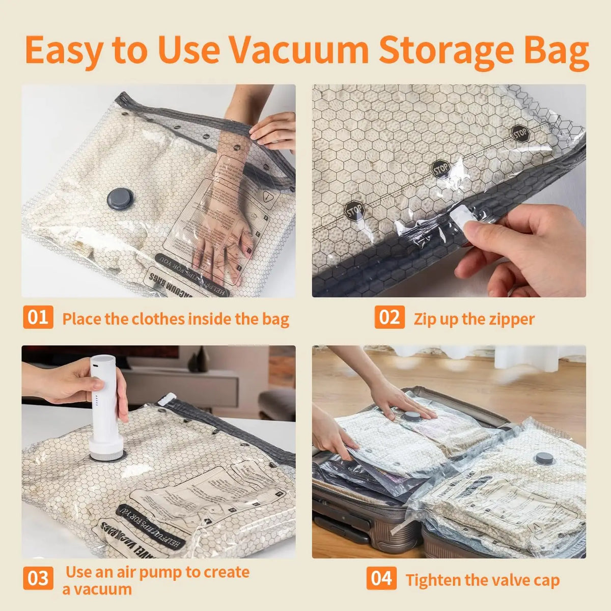 Guía paso a paso sobre cómo usar una bolsa de almacenamiento para aspiradora con bomba eléctrica para viajar.