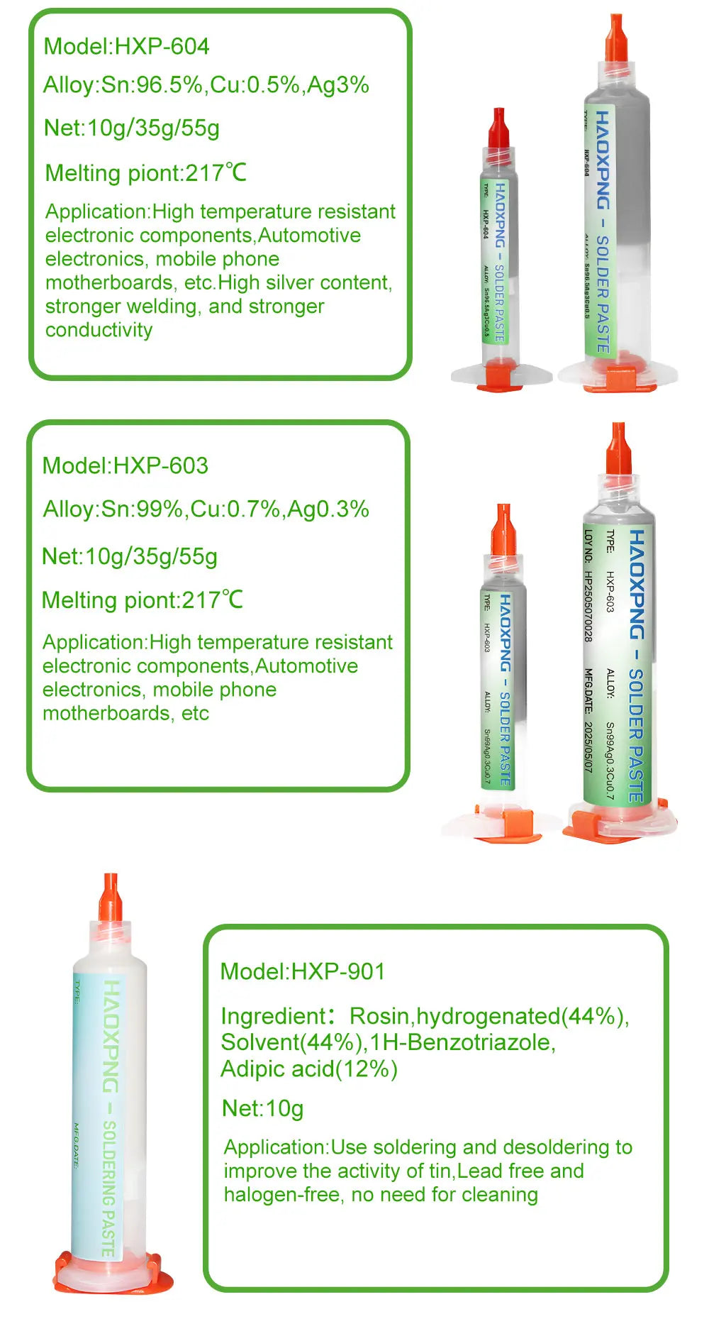 Three types of solder paste flux products are shown, including HXP-604, HXP-603, and HXP-901.