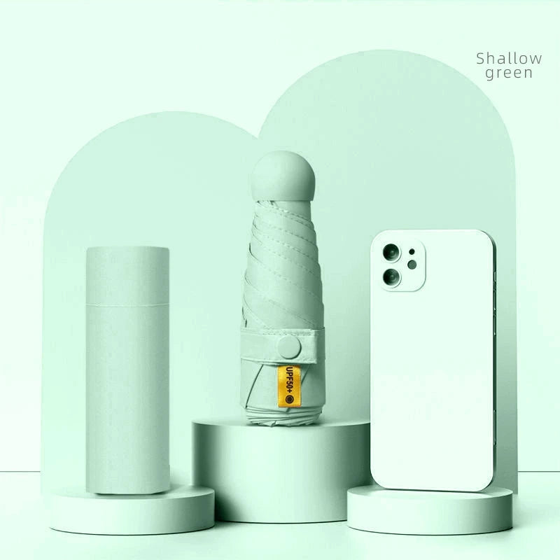 A white folding UV protection umbrella is displayed against a light green background.