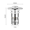 A brass sink drain strainer with a removable filter and a white cap, shown with dimensions.