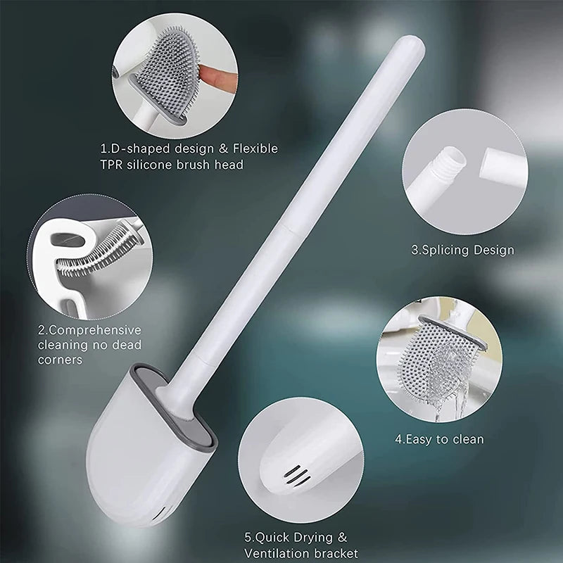 Set de brosse à toilette en silicone montée sur mur blanc, avec différentes fonctionnalités et conseils d'utilisation.