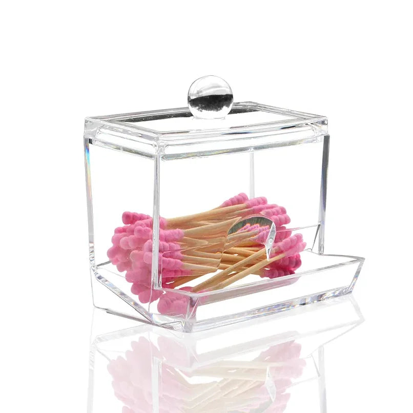 Clear storage box with a lid holding cotton swabs and pads