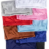 A collection of men's satin hair bonnets in various colors including white, gray, pink, red, blue, and brown.